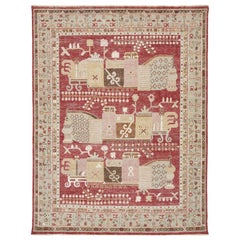 8 x 10 Apadana's Modernity Samarkand Style Handmade Indian Wool Rug In Red (Tapis de laine indien fait à la main)