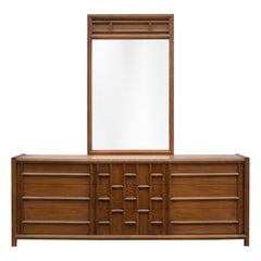 Rare Thomasville Carved Walnut Long Dresser & Mirror 9-Drawer Dated 1966