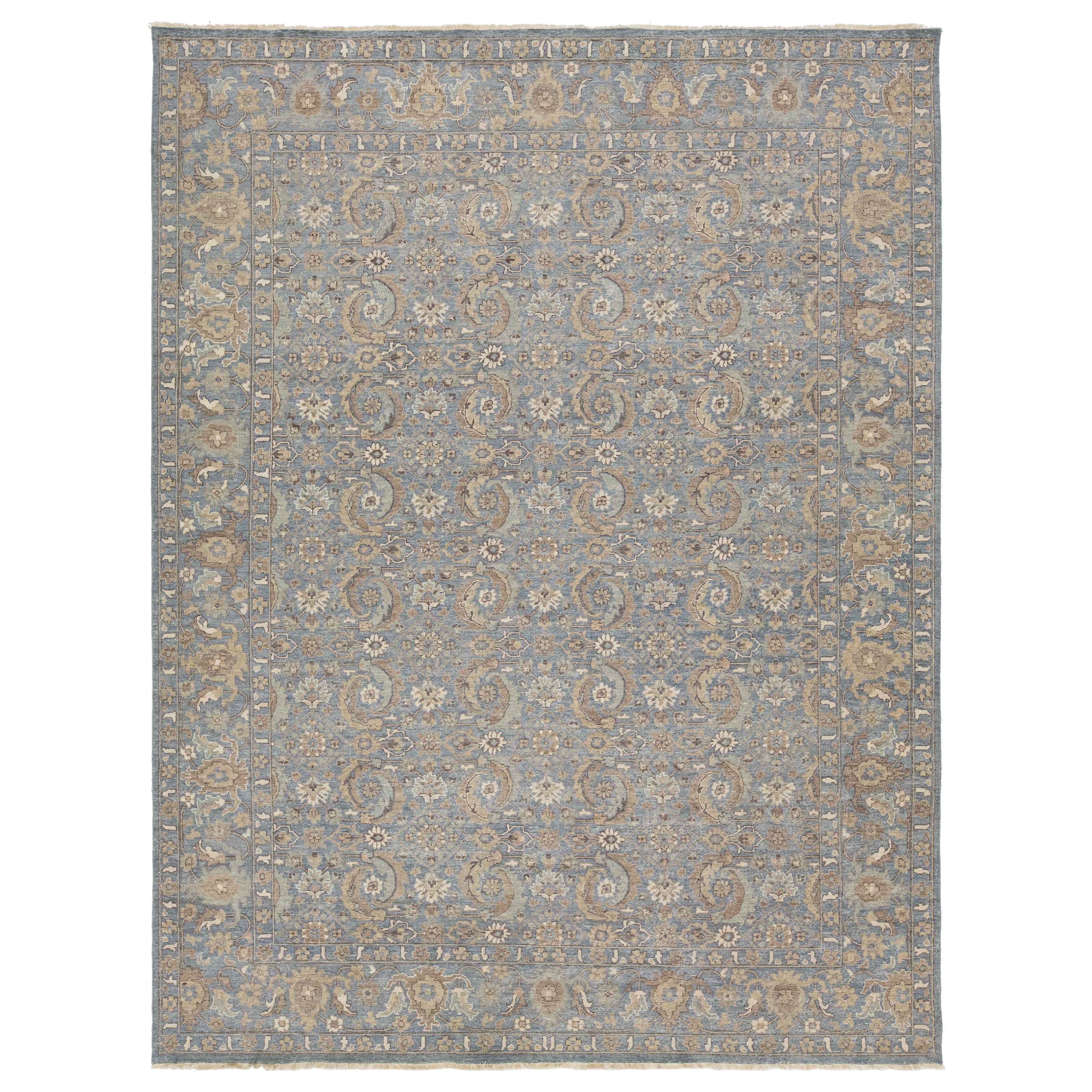 Gray Apadana's Artisan Collection Handmade Floral Indian Wool Rug For Sale