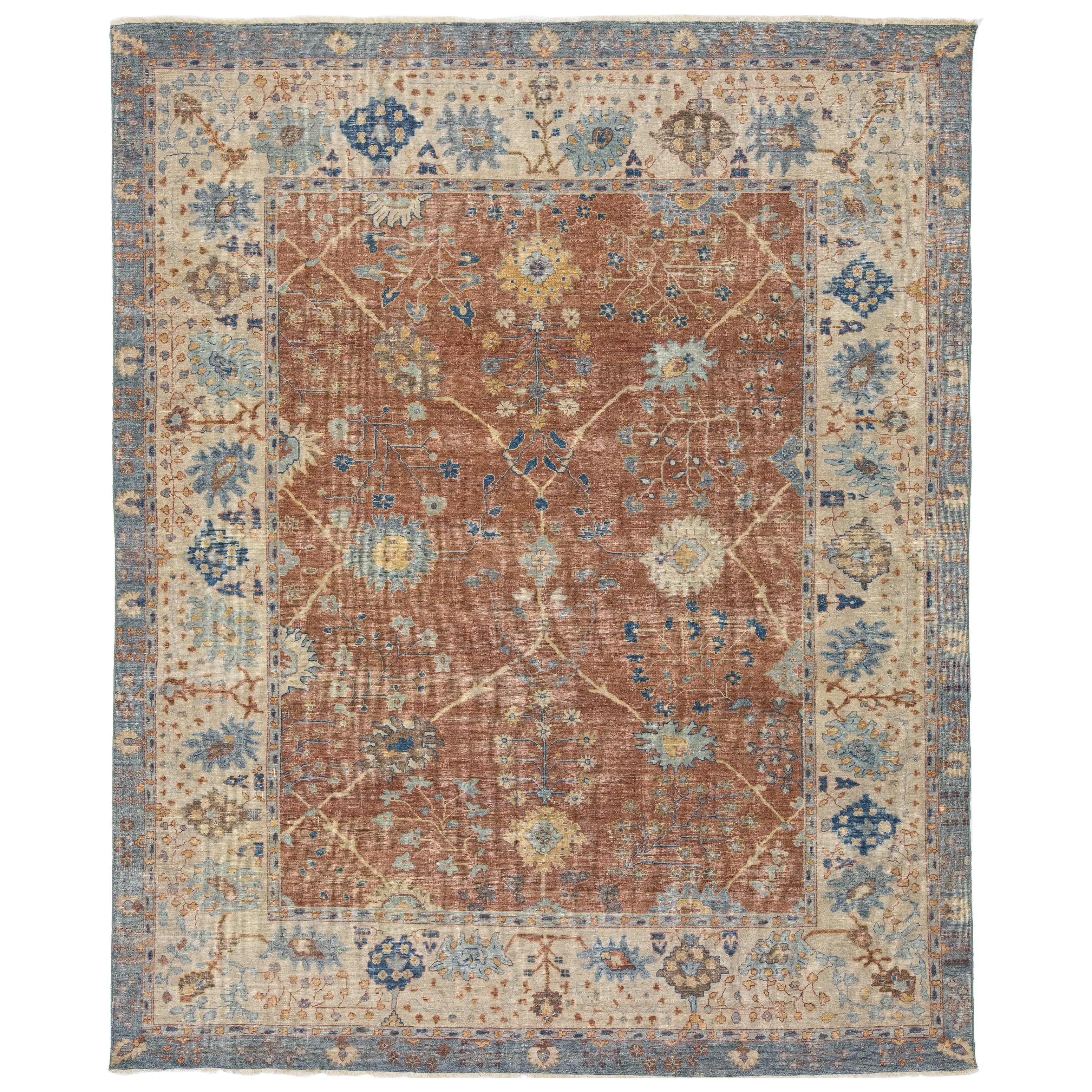 Apadana's Modern Tabriz Style Room Size Indian Wool Rug Handmade In Brown