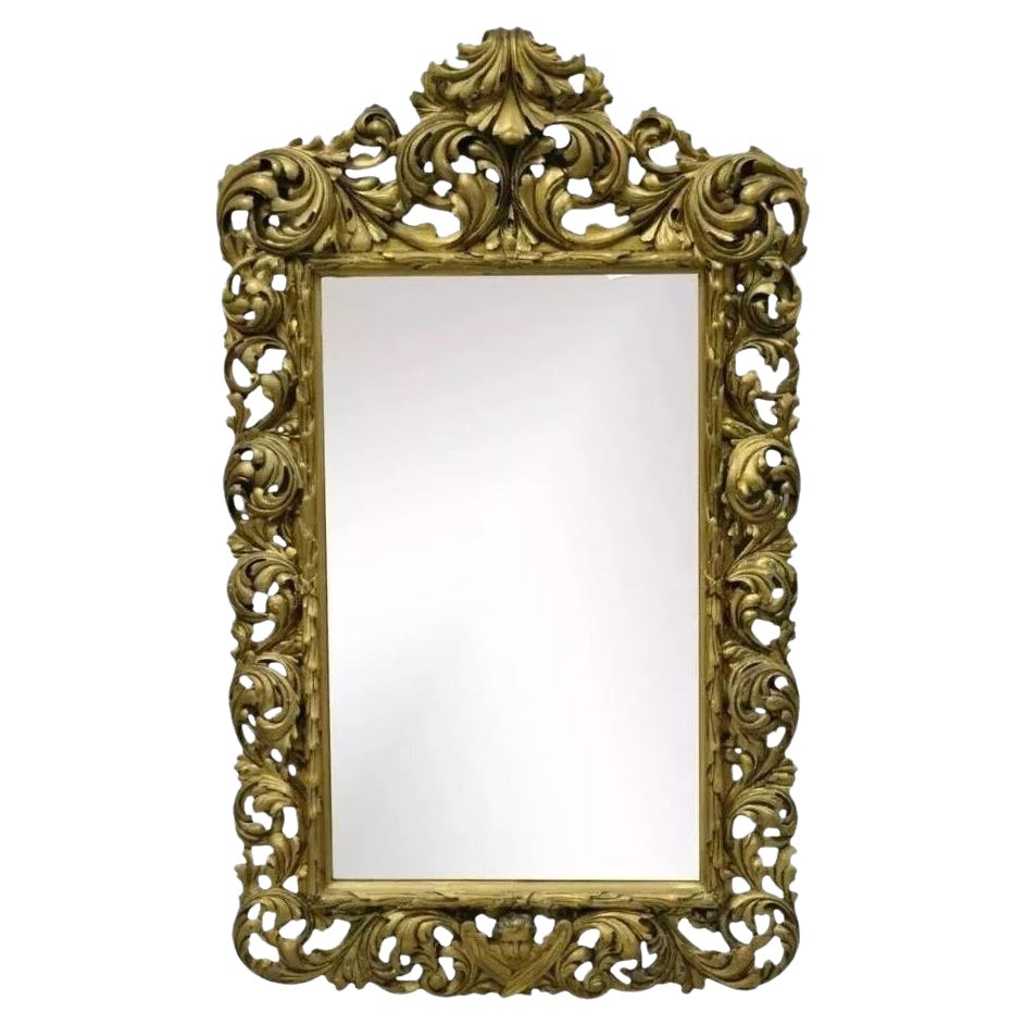 19th C French Rococo Gold Giltwood Relief Carved Wood Acanthus Leaf Wall Mirror