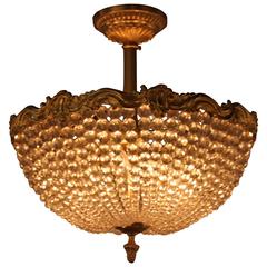 French Crystal Basket and Bronze Semi Flush Mount Chandelier