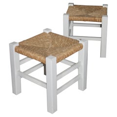 Vintage Pair of straw and wood stools