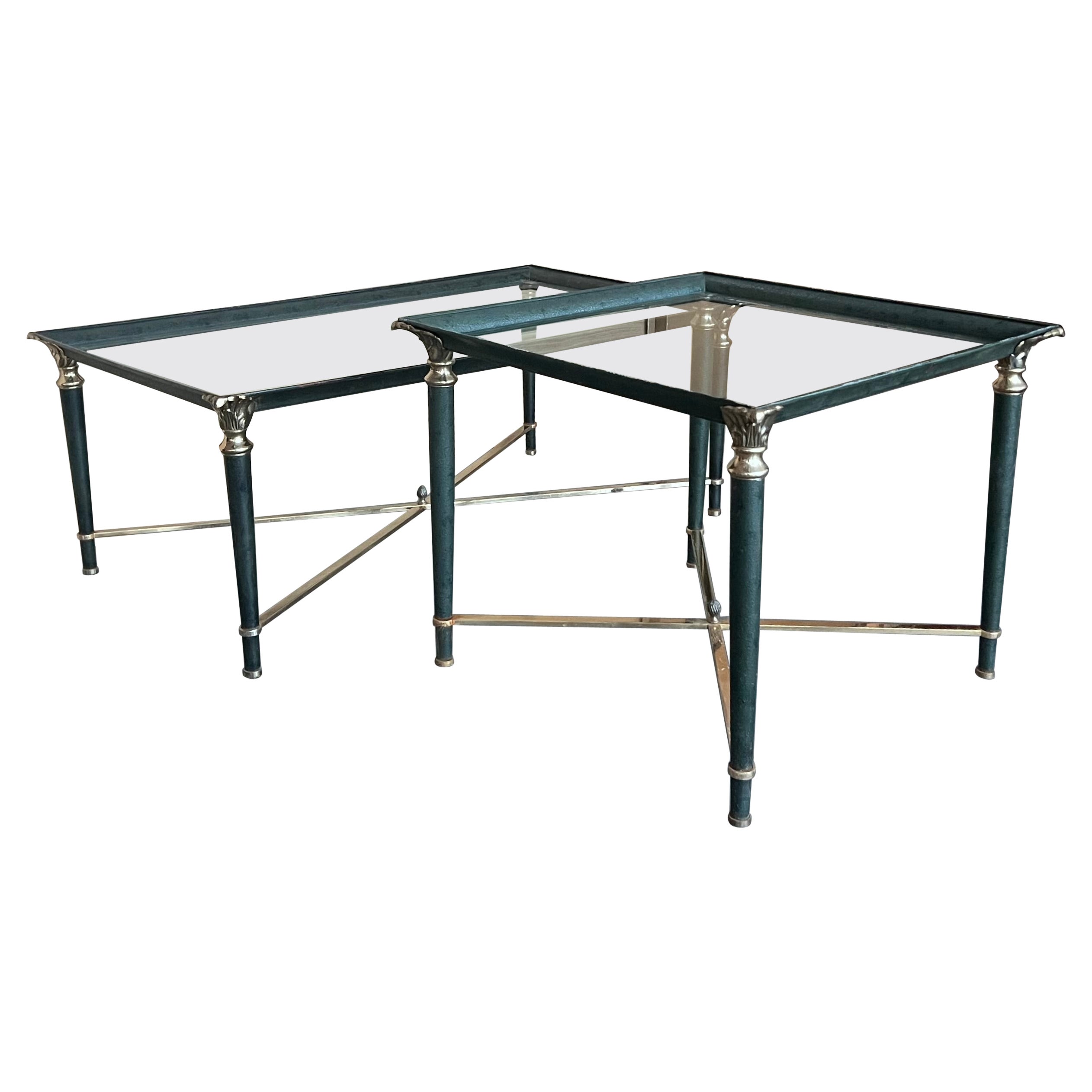 Set of Coffee Tables, Green Iron with Bronze and Brass Details