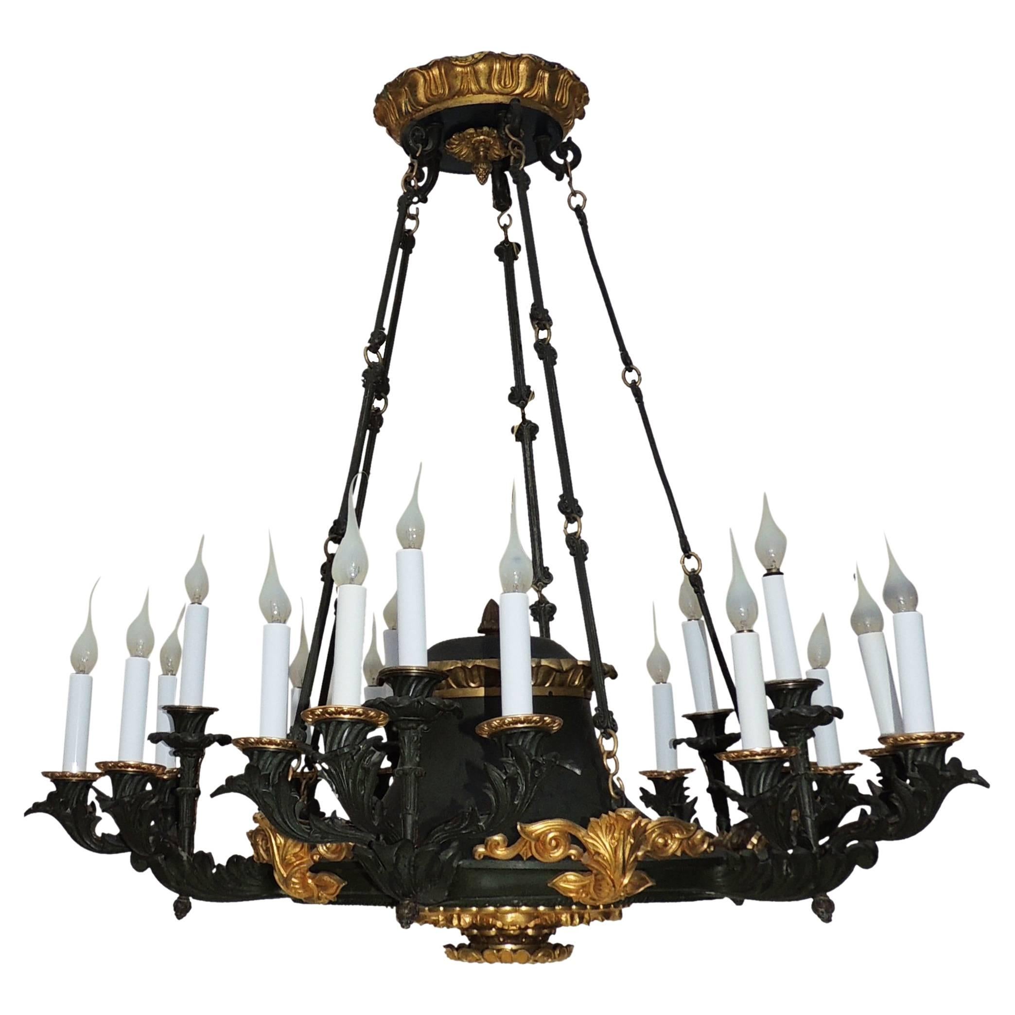 Palatial French Empire Doré Bronze and Patinated Neoclassical Chandelier Fixture For Sale