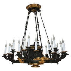 Antique Palatial French Empire Doré Bronze and Patinated Neoclassical Chandelier Fixture