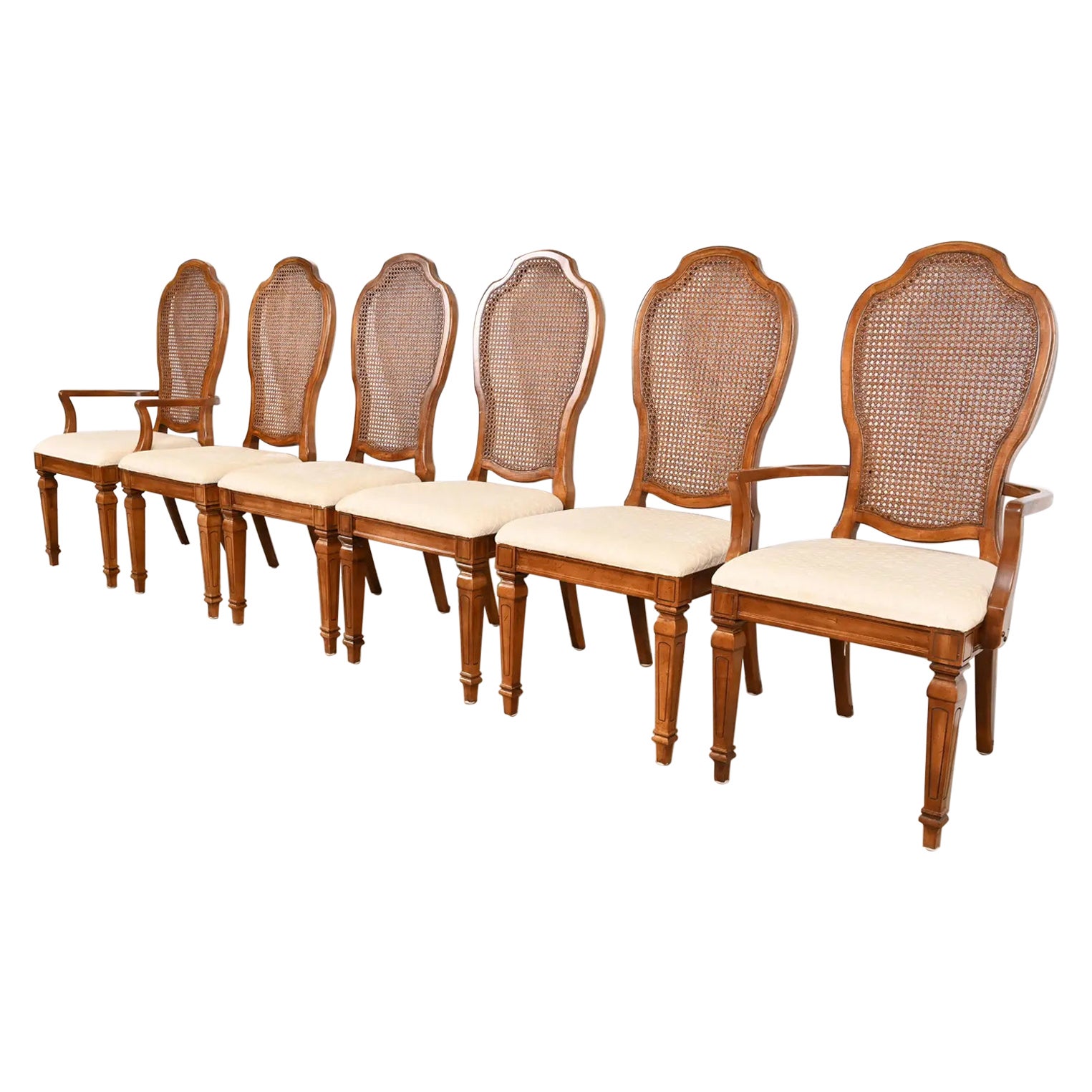 Thomasville French Regency Louis XVI Carved Cherry Wood Cane Back Dining Chairs