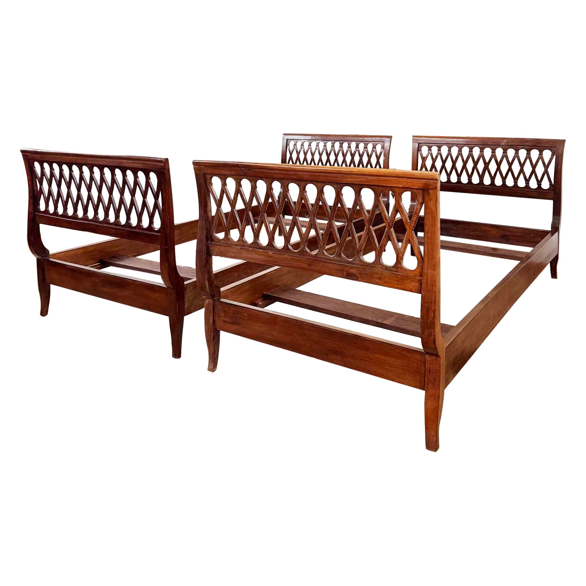 Pair of Italian 2 Twin / 1 King Bed frames in Walnut With Stunning Carved Detail