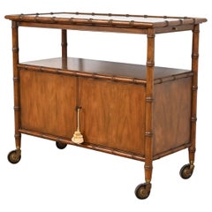 Baker Furniture Mid-Century Hollywood Regency Walnut Faux Bamboo Bar Cart