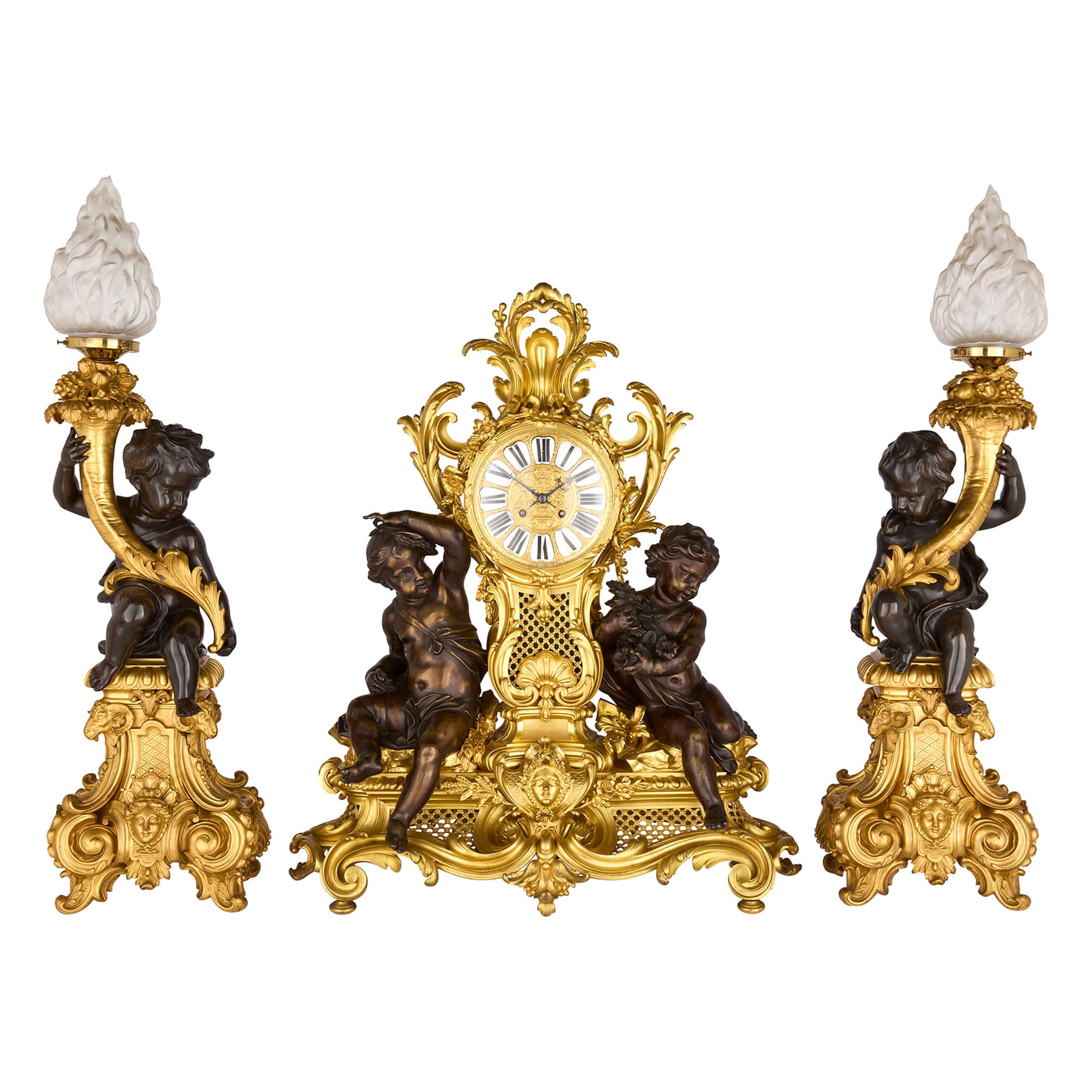 Gran Reloj Antiguo Francés Estilo Luis XV Patinado y Bronce Dorado