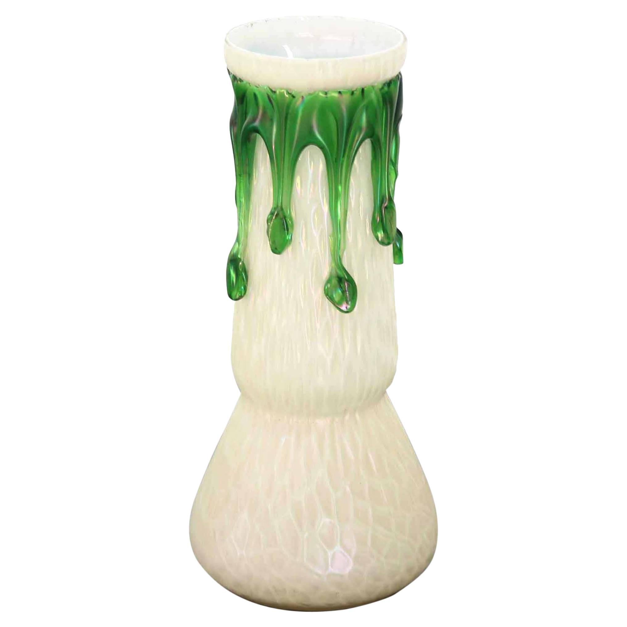 Green Pearl Iridescent Art Glass Vase For Sale