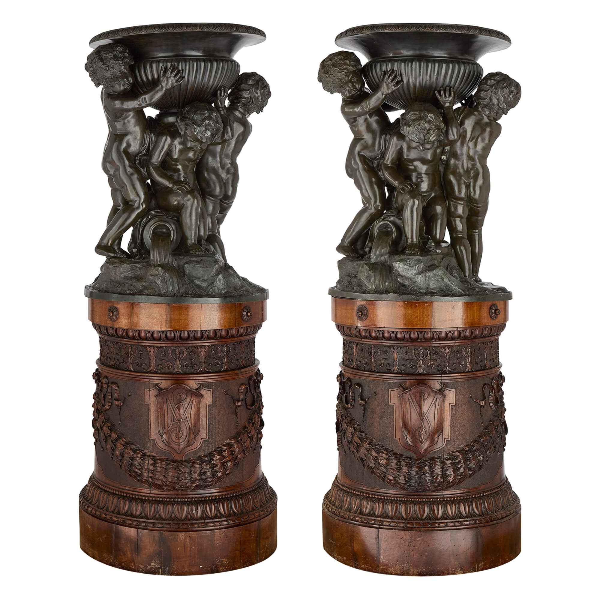 Grandes Jardineras Escultóricas Italianas de Bronce Patinado y Madera Tallada en venta