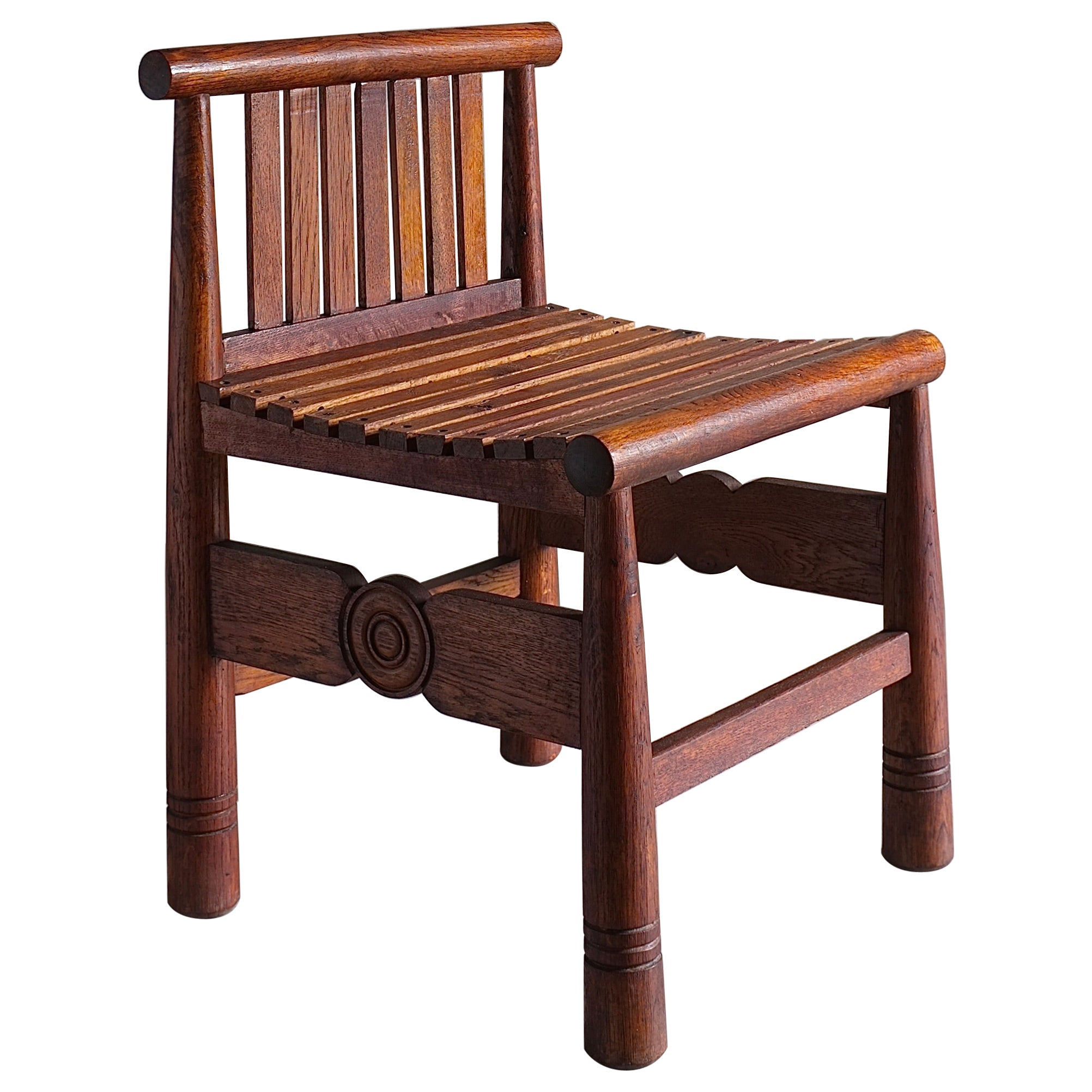 Carved Oak Low Back Chair, France, 1960s For Sale