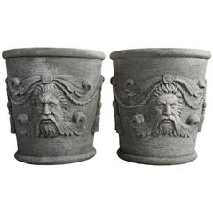 A Pair of Exceptional Italian Limestone Jardinieres with Masks