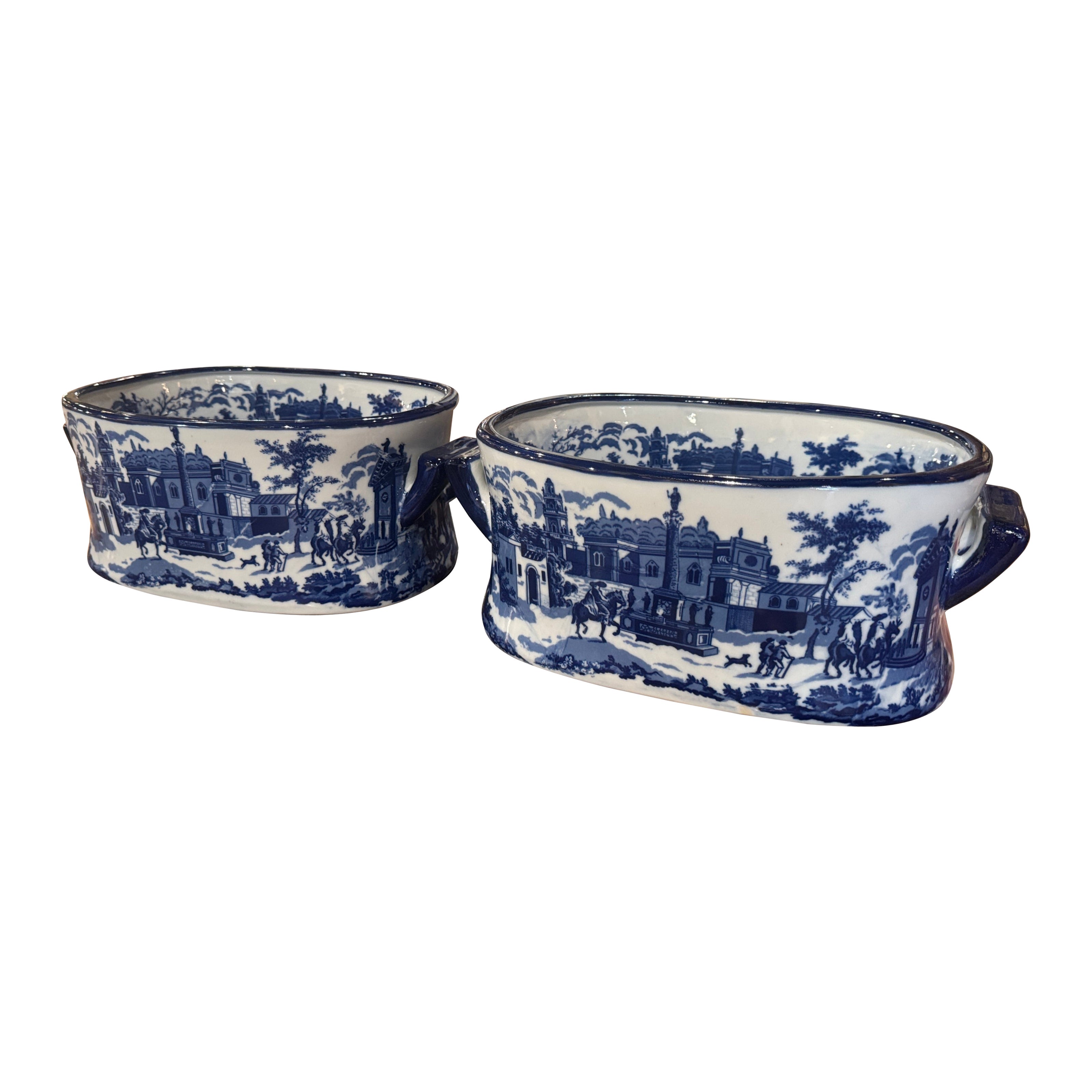 Pair of Vintage Chinese Porcelain Jardinieres with Architectural Scene