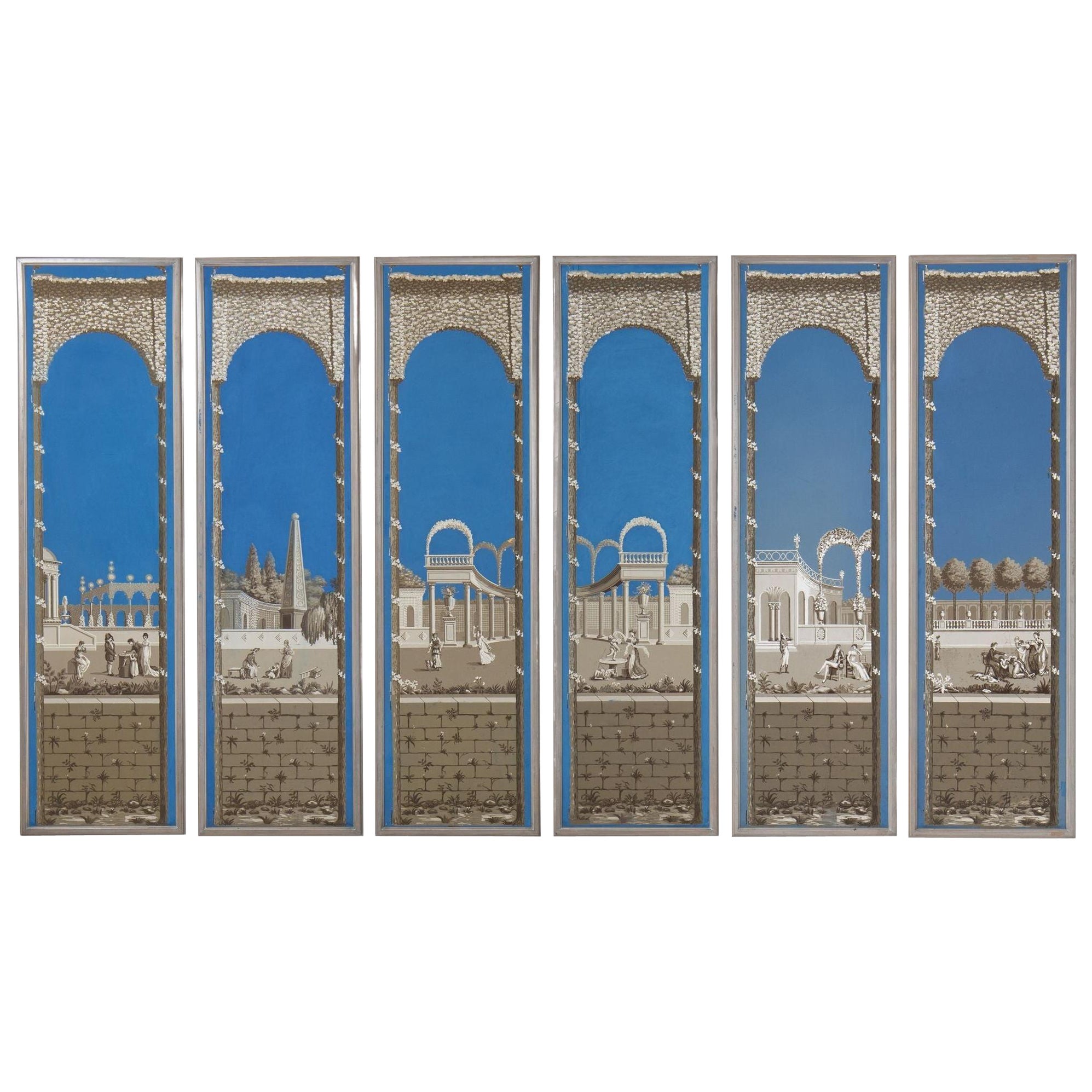 Collection of Six 19th c. French Directoire Framed Panoramic Wallpaper Panels