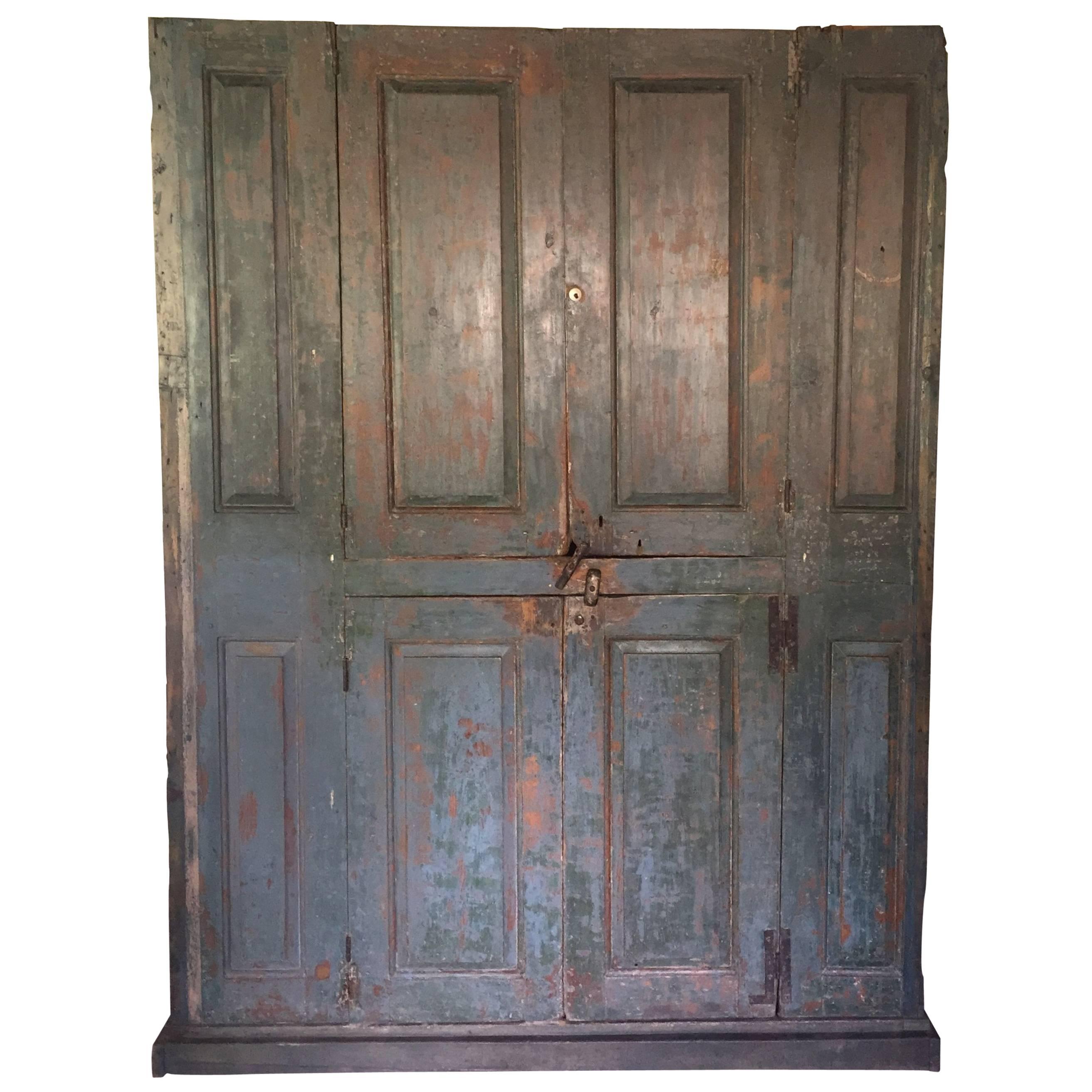 18th Century Blind Door Large Hudson Valley Cupboard with Original Blue Paint