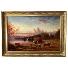Grande huile sur toile Hudson Landscape d'Henry Sudam (1803-1883)