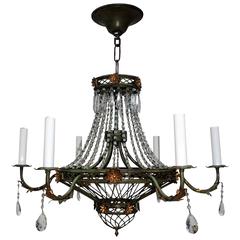 Wonderful Tole Gilt Green Patinated Vintage Beaded Basket Chandelier Fixture