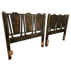 Pair of Black Lacquer Japanned with Chinoiserie Decoration Twin Headboards