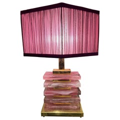 Lampe de table rose en blocs de verre de Murano et son abat-jour Handcraft, années 1970