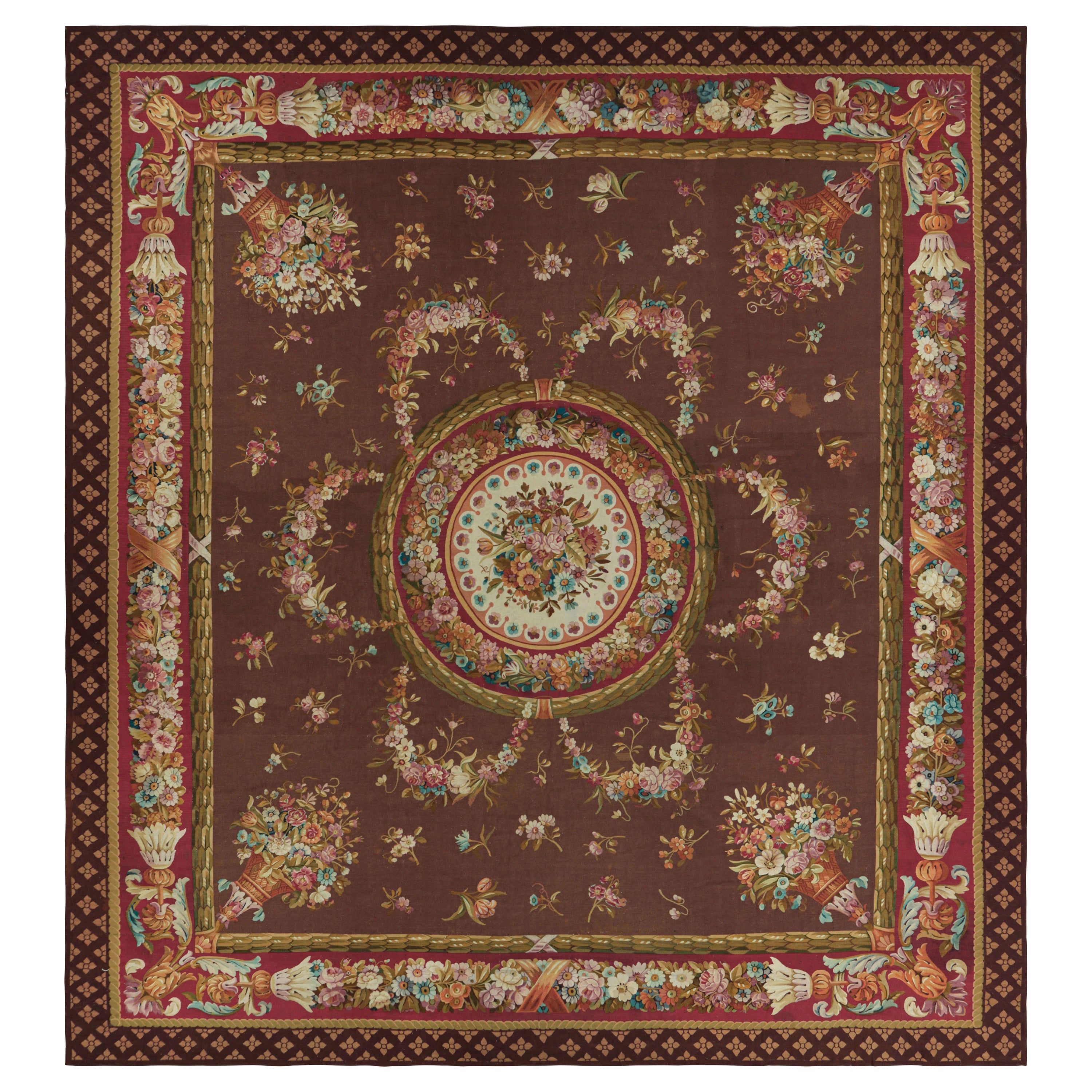 Oversized Antique Aubusson Rug in Brown with Floral Medallions
