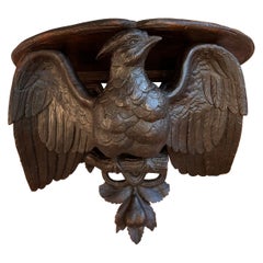 Antique French Wall Shelf Corbel Carved Eagle Black Forest Statue Wood c1880