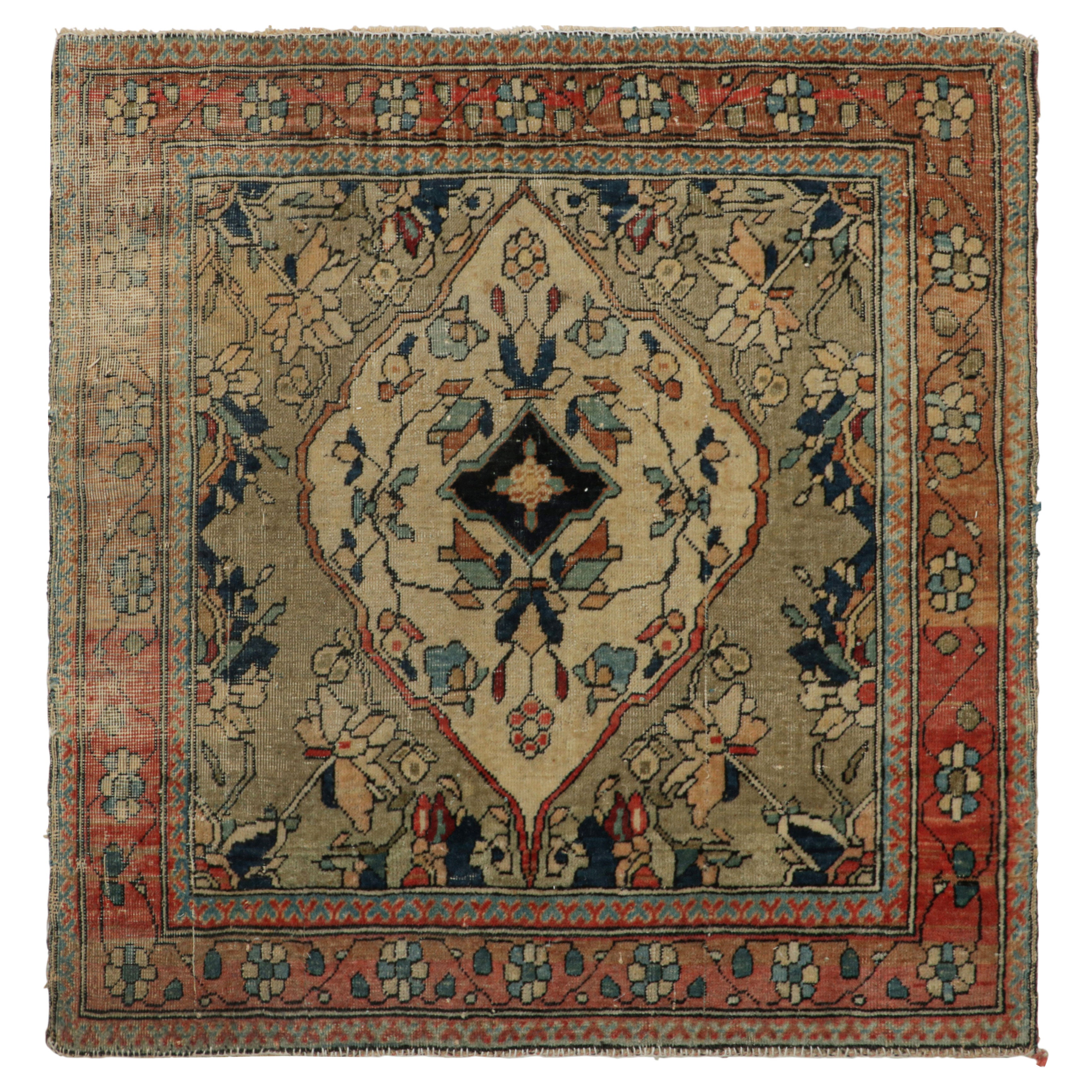 Antique Persian Tabriz Square Rug in Beige-Brown with Medallion  Rug & Kilim