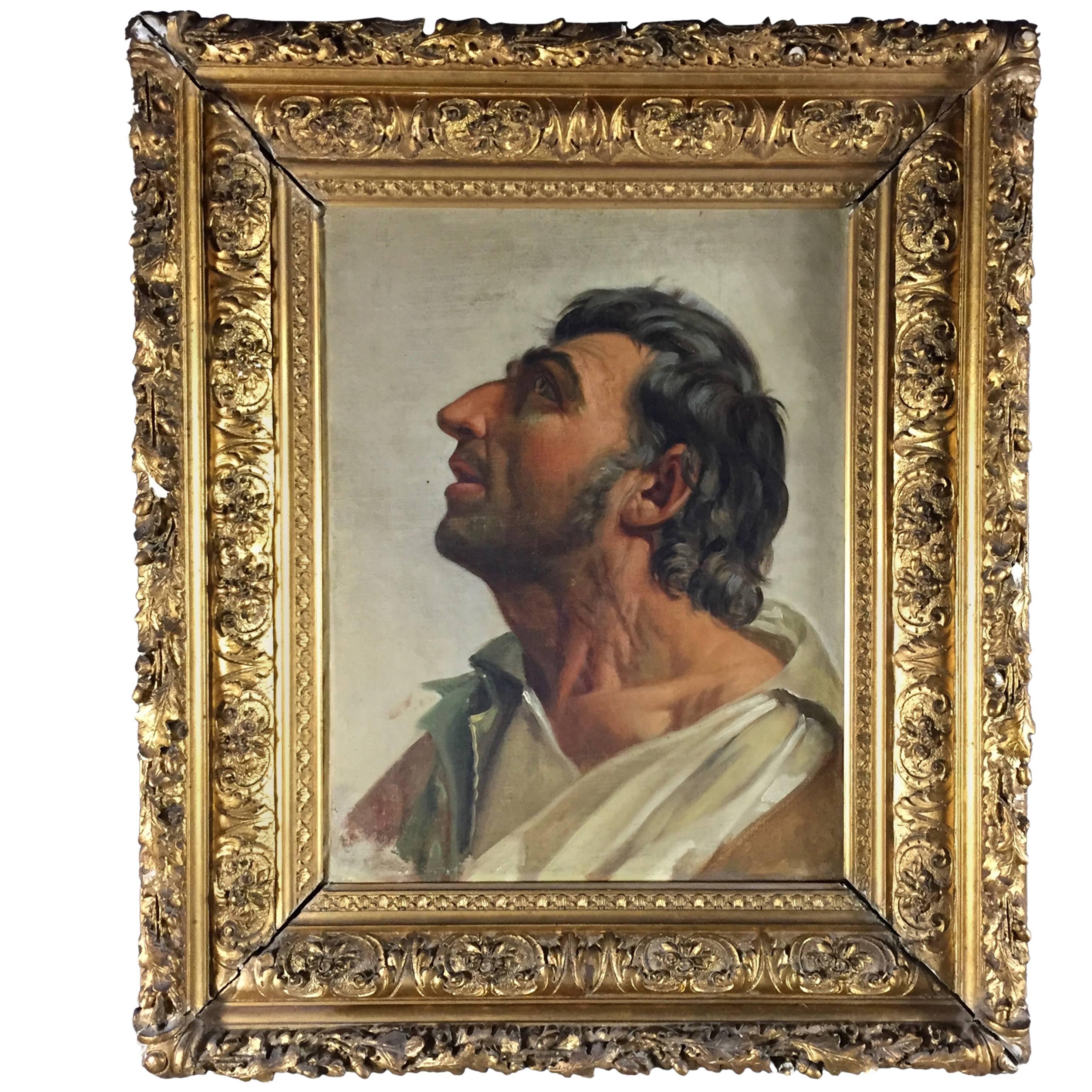 Male Profile Portrait in Gilt Frame, Oil on Canvas, Unsigned, 19th Century