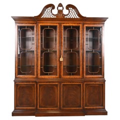 Drexel Heritage Georgian Flame Mahogany Lighted Breakfront Bookcase Cabinet
