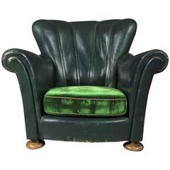 Wingchair in Studded Green Leather, Denmark, 1940s