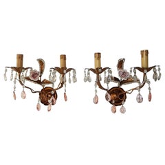 French Tole Beaded Porcelain Roses Pink Sconces