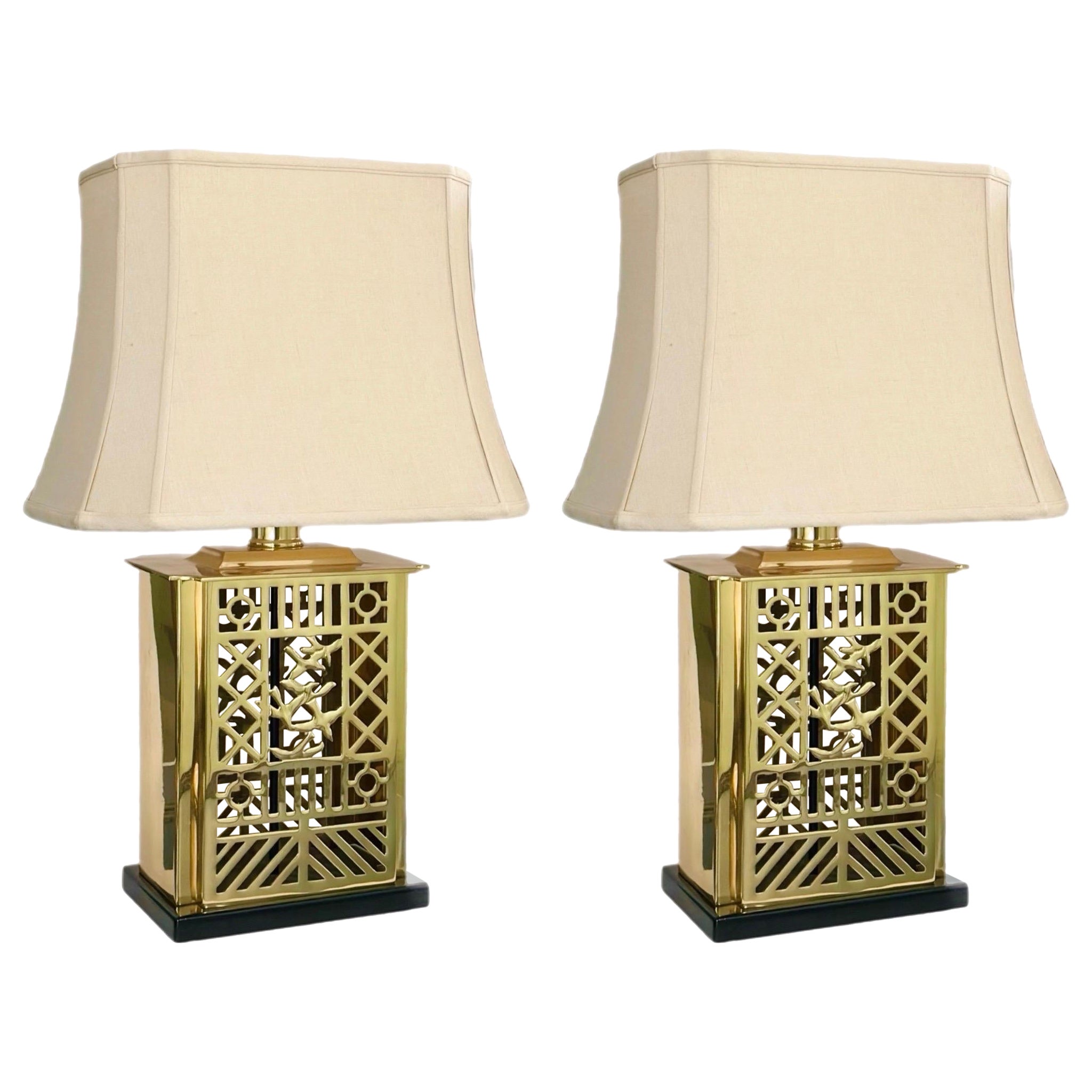 1980er Art Deco Sarreid Lackierte Messing Gitter Tischlampen - ein Paar