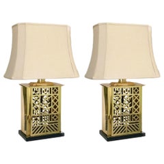 1980er Art Deco Sarreid Lackierte Messing Gitter Tischlampen - ein Paar