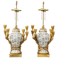 Pair of Chinese Famille Vert Porcelain & French Ormolu Mounted Candelabra Lamps