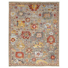 Tapis indien en laine et soie gris à motifs floraux, fabriqué à la main de la collection artisanale