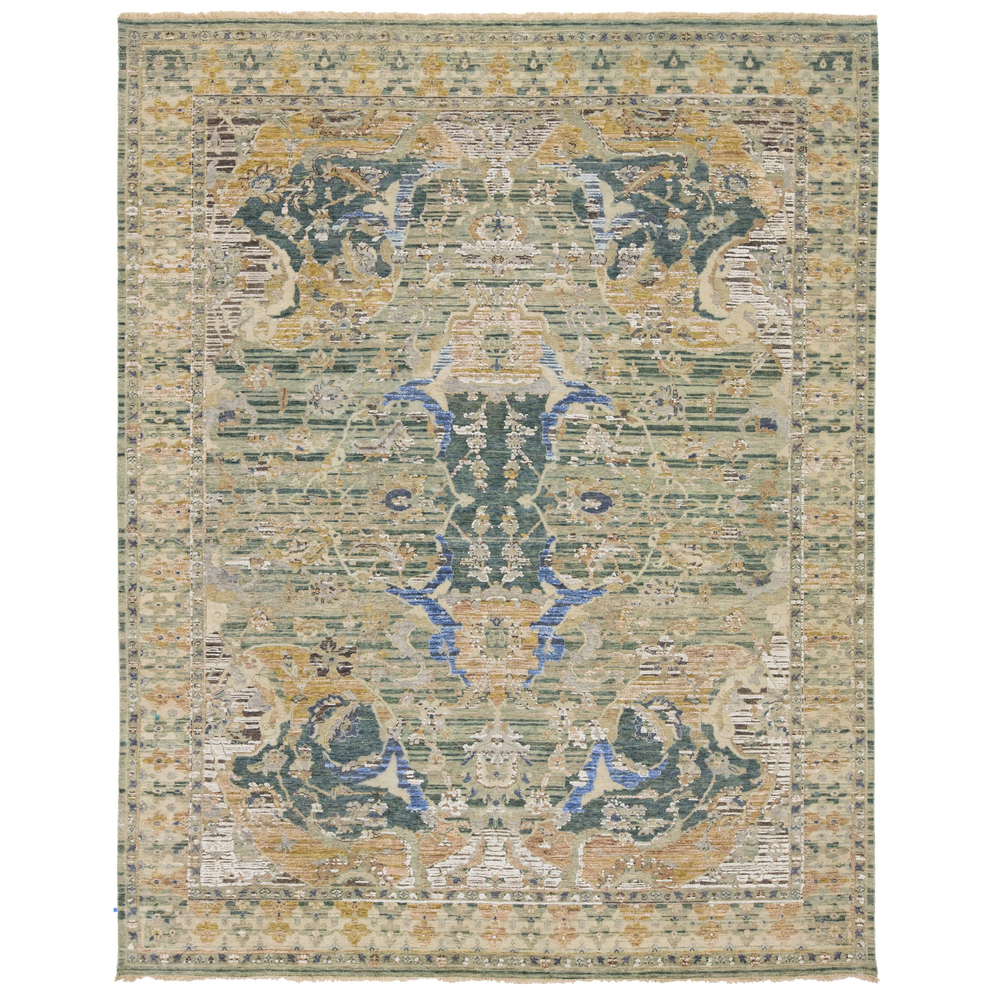 Artisan Collection Handmade Indian Wool & Silk Rug In Green With Floral Design For Sale