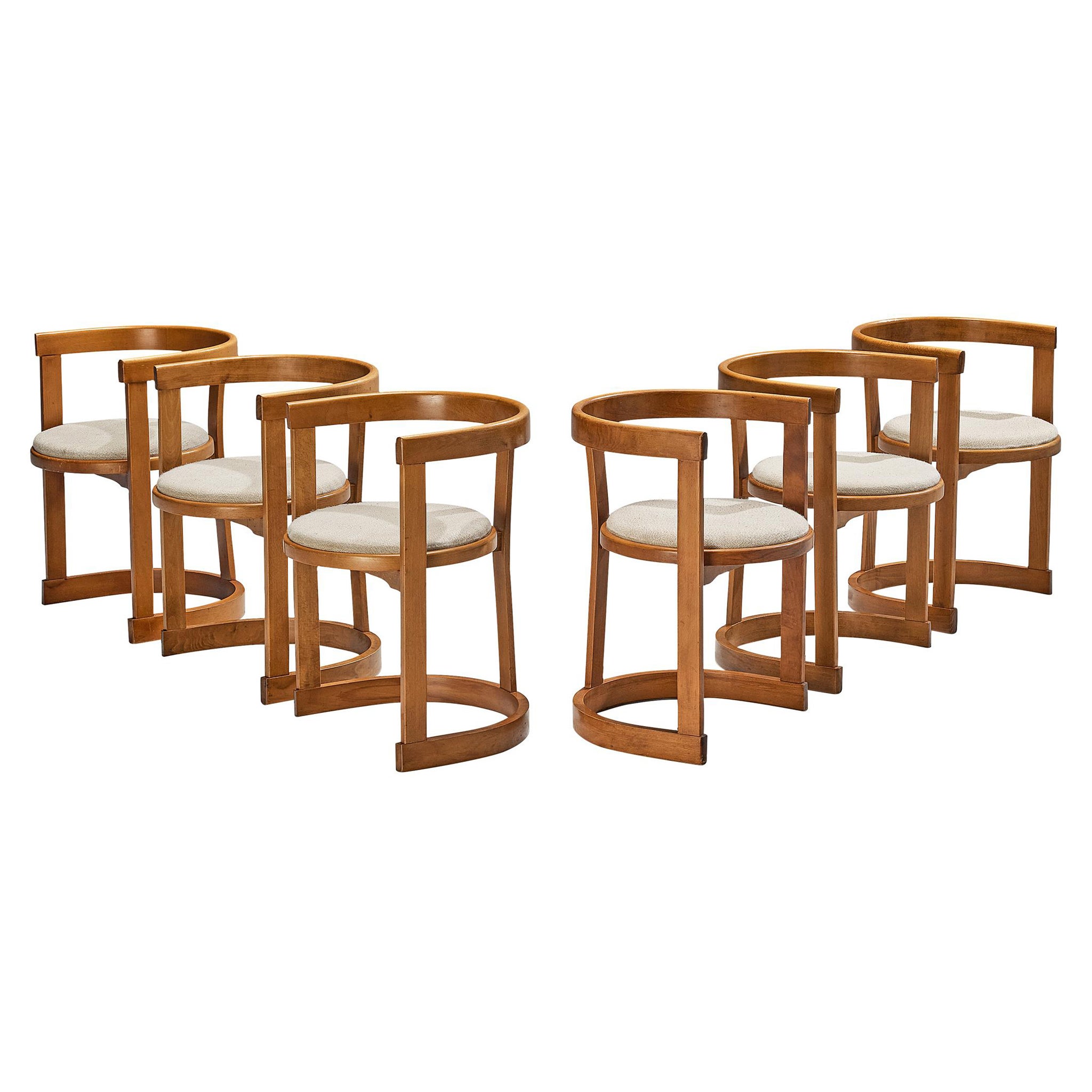Italian Set of Six Sculptural Dining Chairs in Wood and Fabric Upholstery