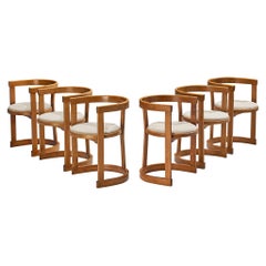 Italian Set of Six Sculptural Dining Chairs in Wood and Fabric Upholstery
