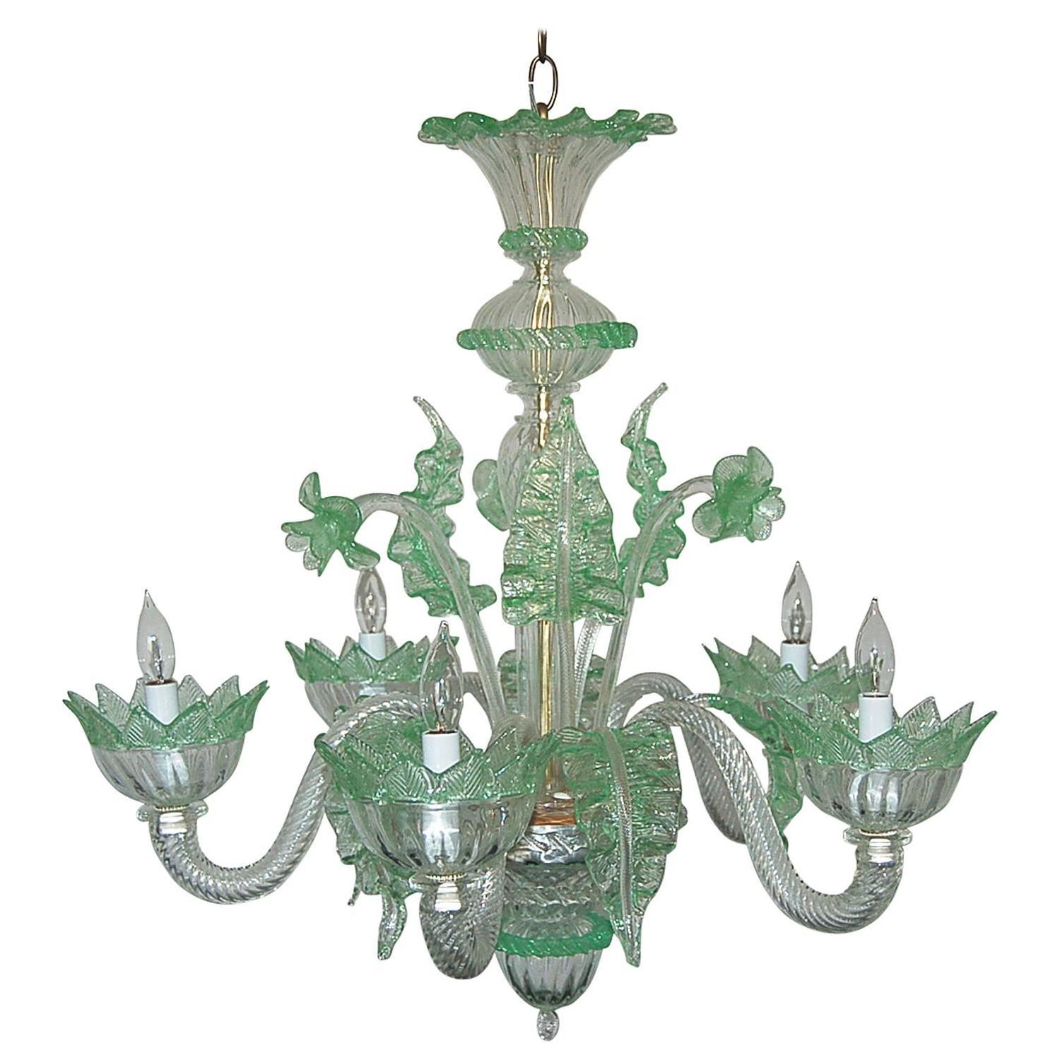 Vintage Murano Glass Chandelier of Murano Crystal with Green Accents For Sale at 1stdibs
