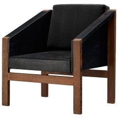 Geometric Armchair in Wengé and Black Leatherette
