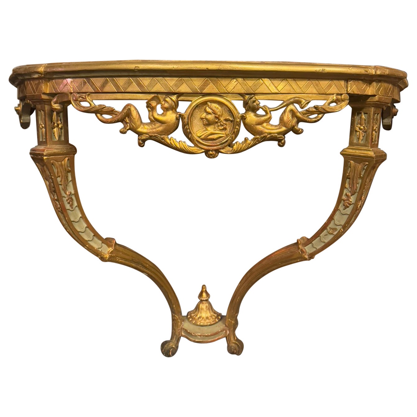 Mesa consola tallada en forma de gota en madera lacada y dorada, Italia