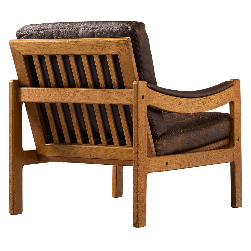 Danish Lounge Chair in Brown Leather and Oak