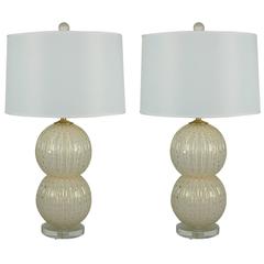 Pair of Murano Glass Stacked Ball Lamps in White and Gold