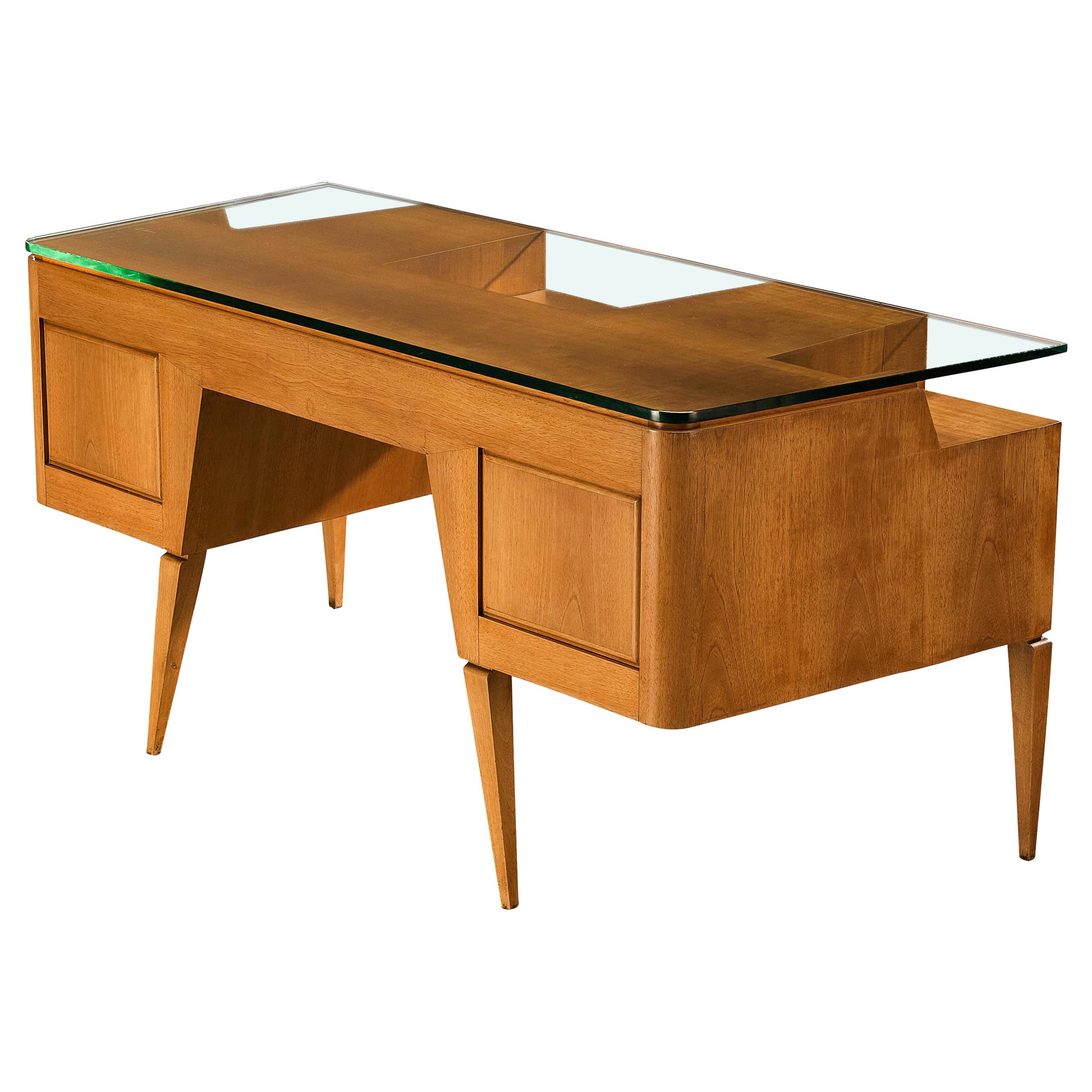 Italian Mid-century Desk in Walnut with Floating Glass Top