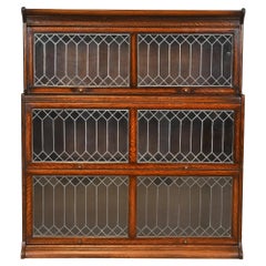 Antique Arts & Crafts Oak Three-Stack Barrister Bookcase With Leaded Glass Doors