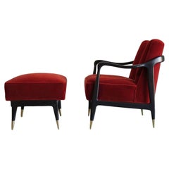 Gio Ponti Style Accent Chair and Footstool in Mohair, C. 1950s