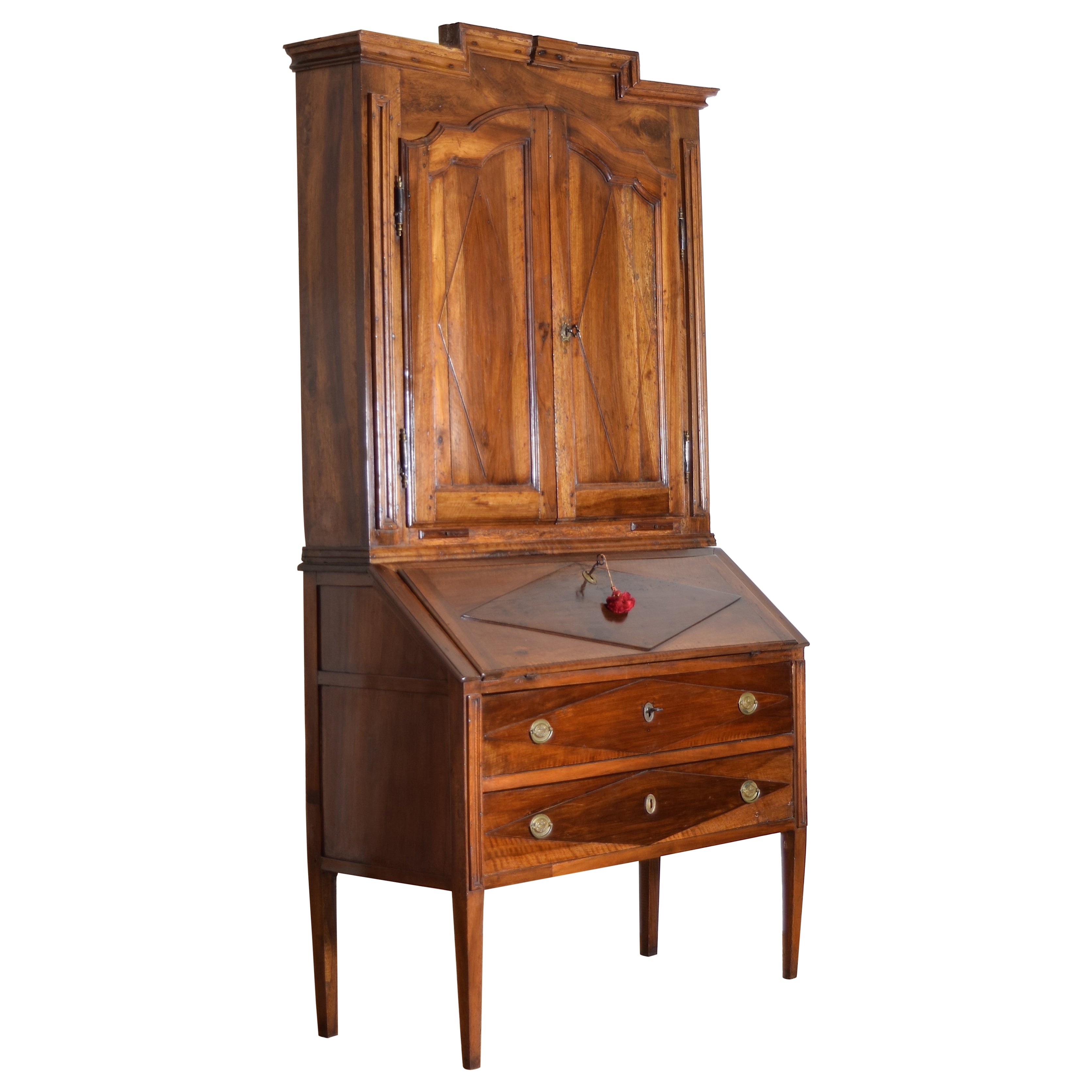 Italian Piemontese Directoire Period Walnut Doppiocorpo Secretary Cabinet 18thC
