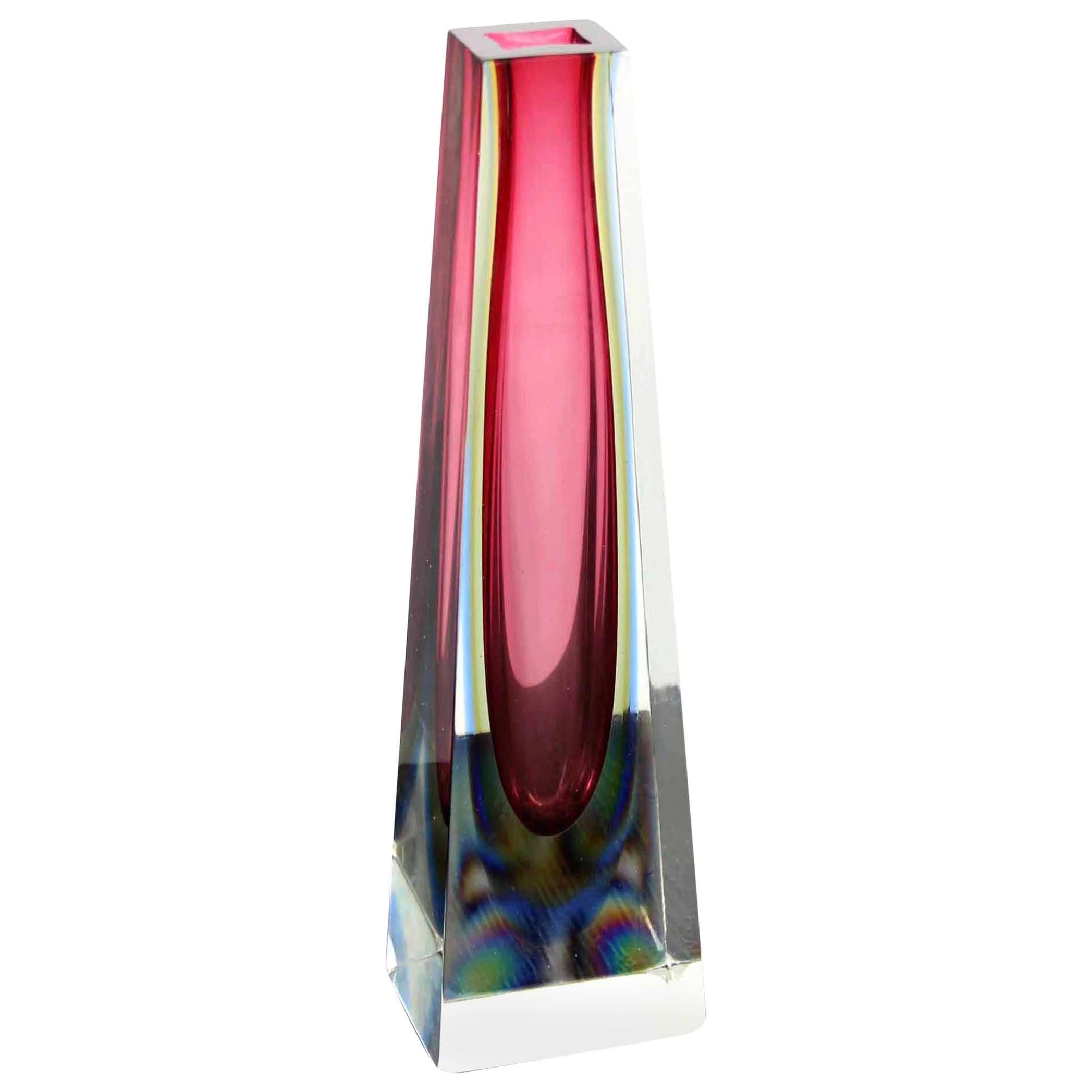 13" Modern Pyramid or Obelisk Shape thick Pink Glass Vase