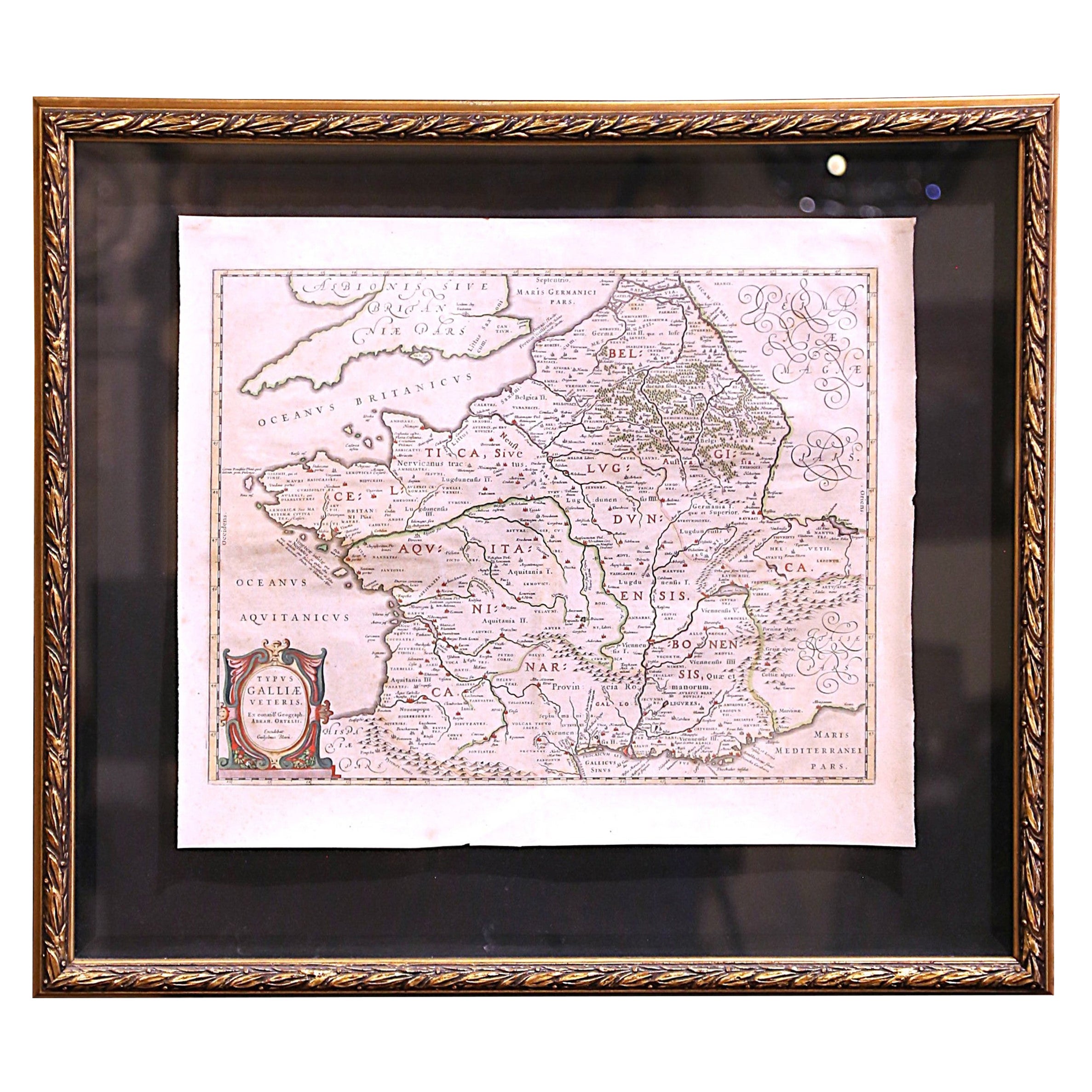 17th Century Framed Map of Ancient France Titled "Typus Galliae Veteris" For Sale